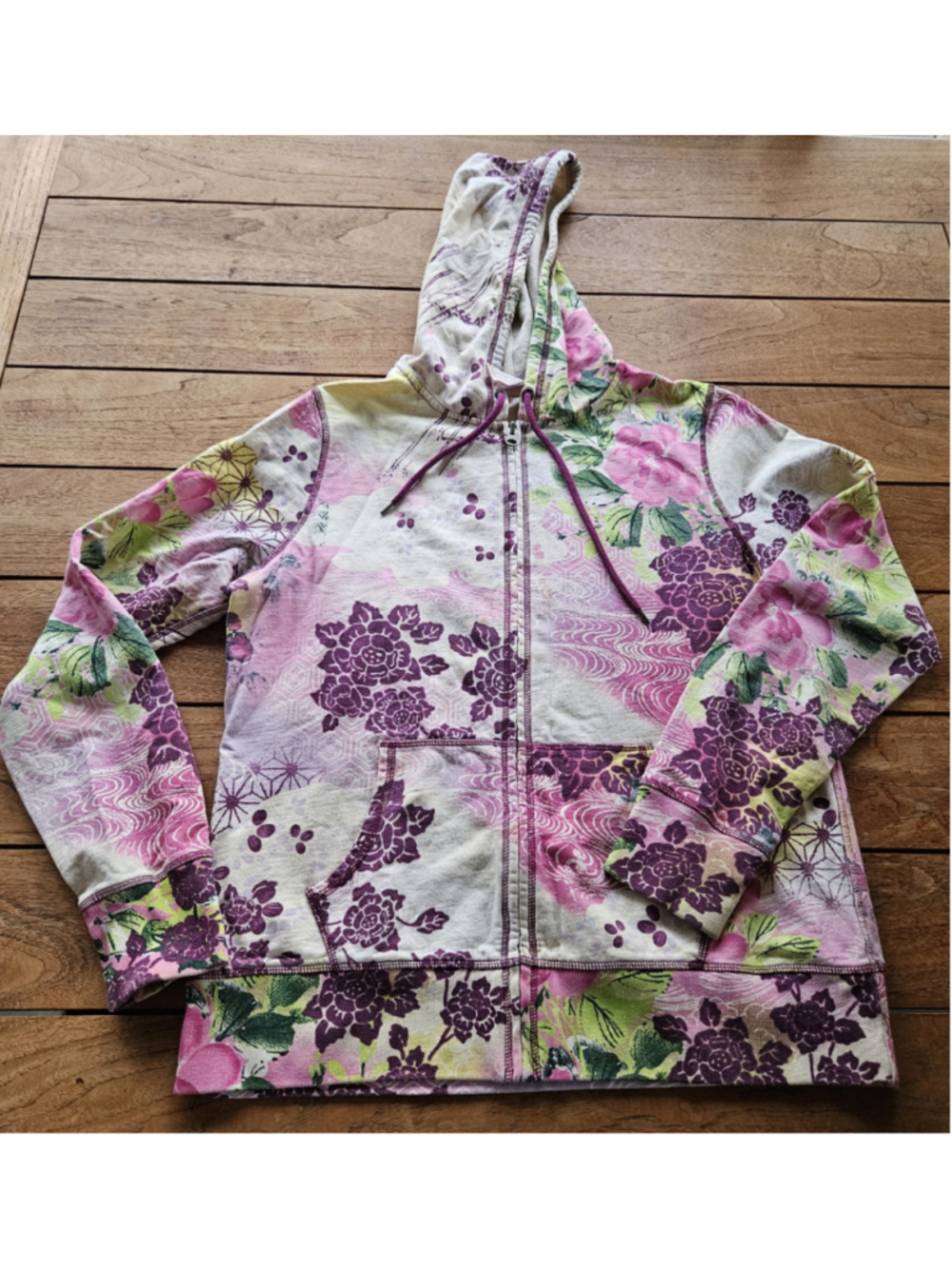 Rare Vintage Y2K Lucky Brand Japanese Floral Geisha Full Zip Hoodie Size XL